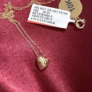 10K Gold Reversible Puff Heart Pendant Necklace 20” Adjustable 4” Extender NWT